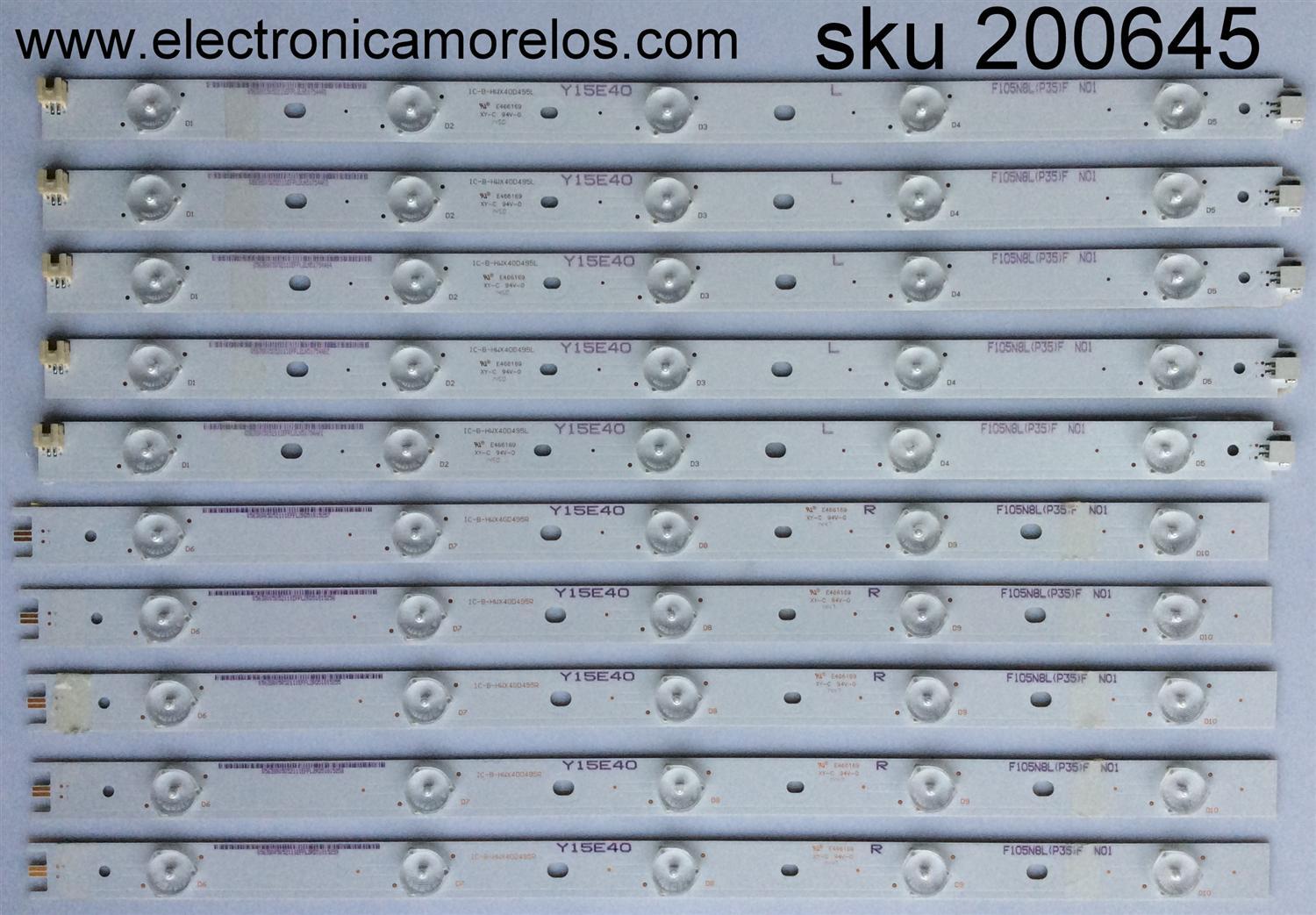 KIT DE LEDS PARA TV VIZIO ORIGINAL 10 PIEZAS / NUMERO DE PARTE IC-B-HWX40D495L / IC-B-HWX40D495R / 05638005052111 / 05638015011131 / E466169 / PANEL LSC400HN02-602 / LSC400HM10-S01 / MODELO E40-C2 / E40-C2 LWZQSFAR